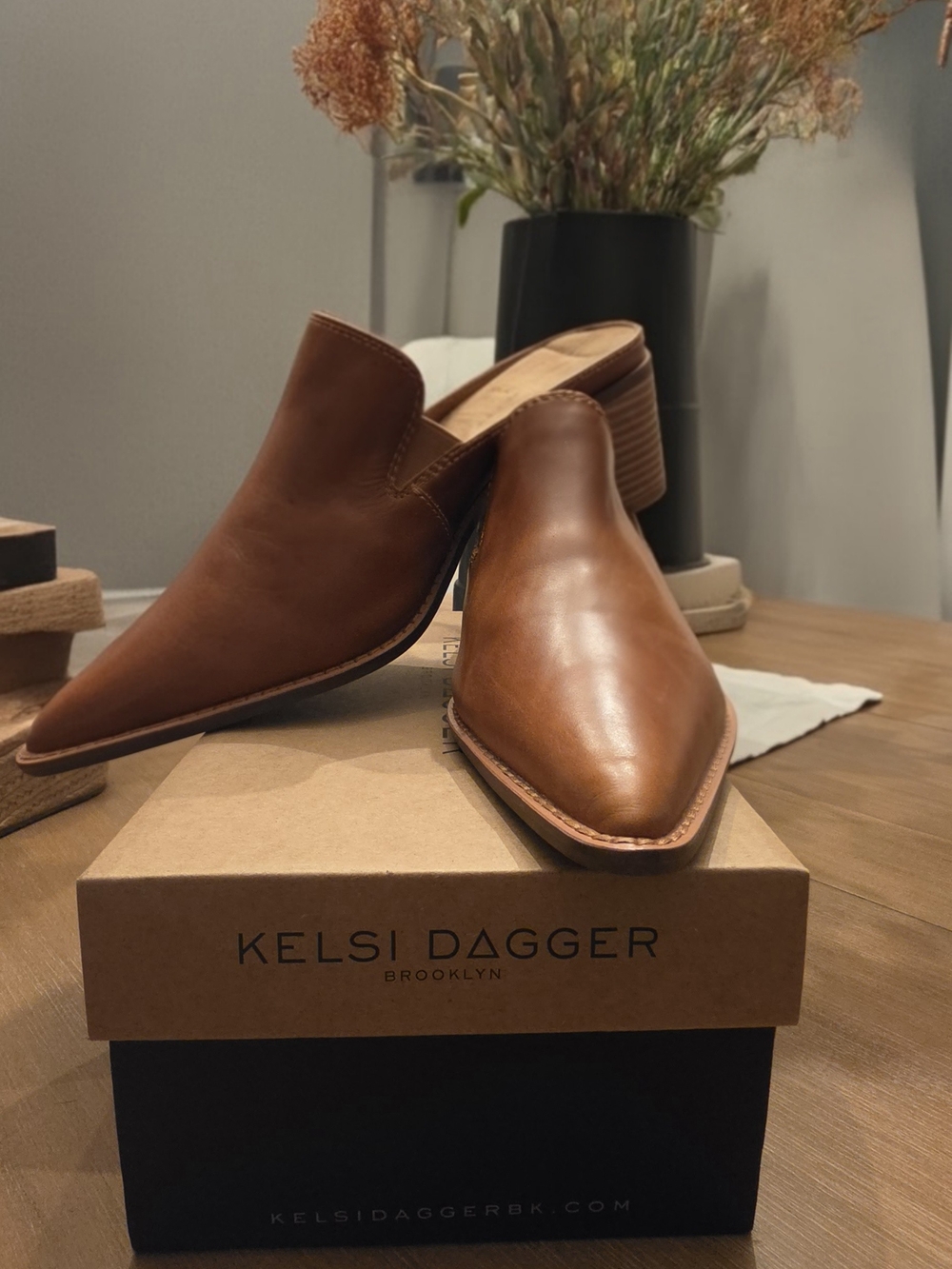Kelsi Dagger Cognac Leather Pointed Mule Heels